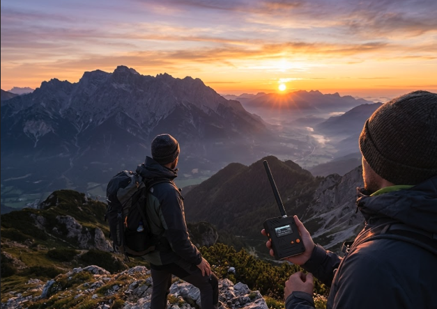 Dispositivo Meshtastic na palma da mão durante o pôr do sol, com trilha e montanhas ao fundo