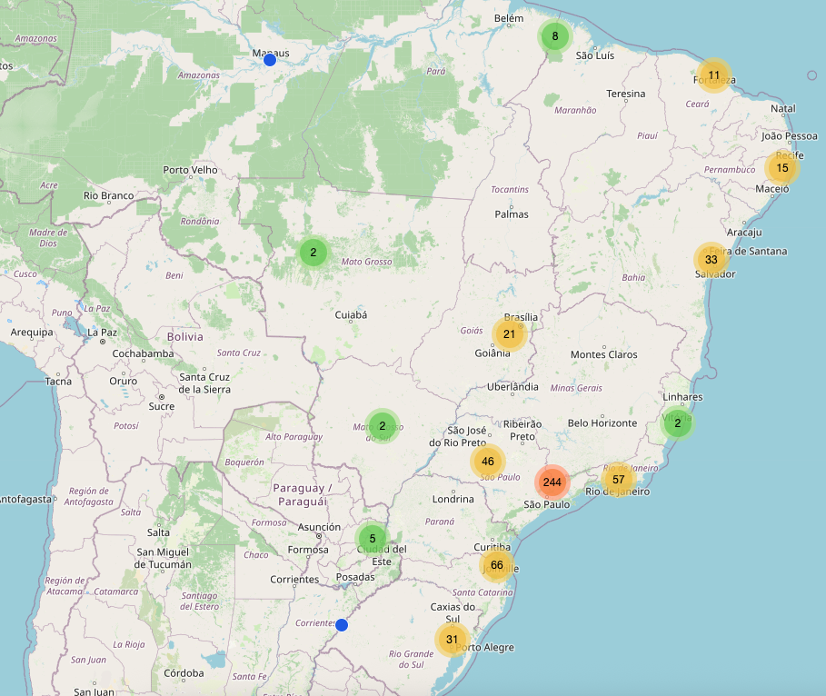 Mapa do Brasil com os nós Meshtastic ativos