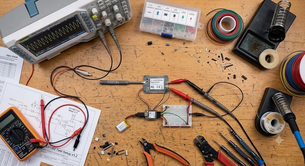 Bancada de eletrônica com placa LoRa, osciloscópio e ferramentas para montar um nó Meshtastic