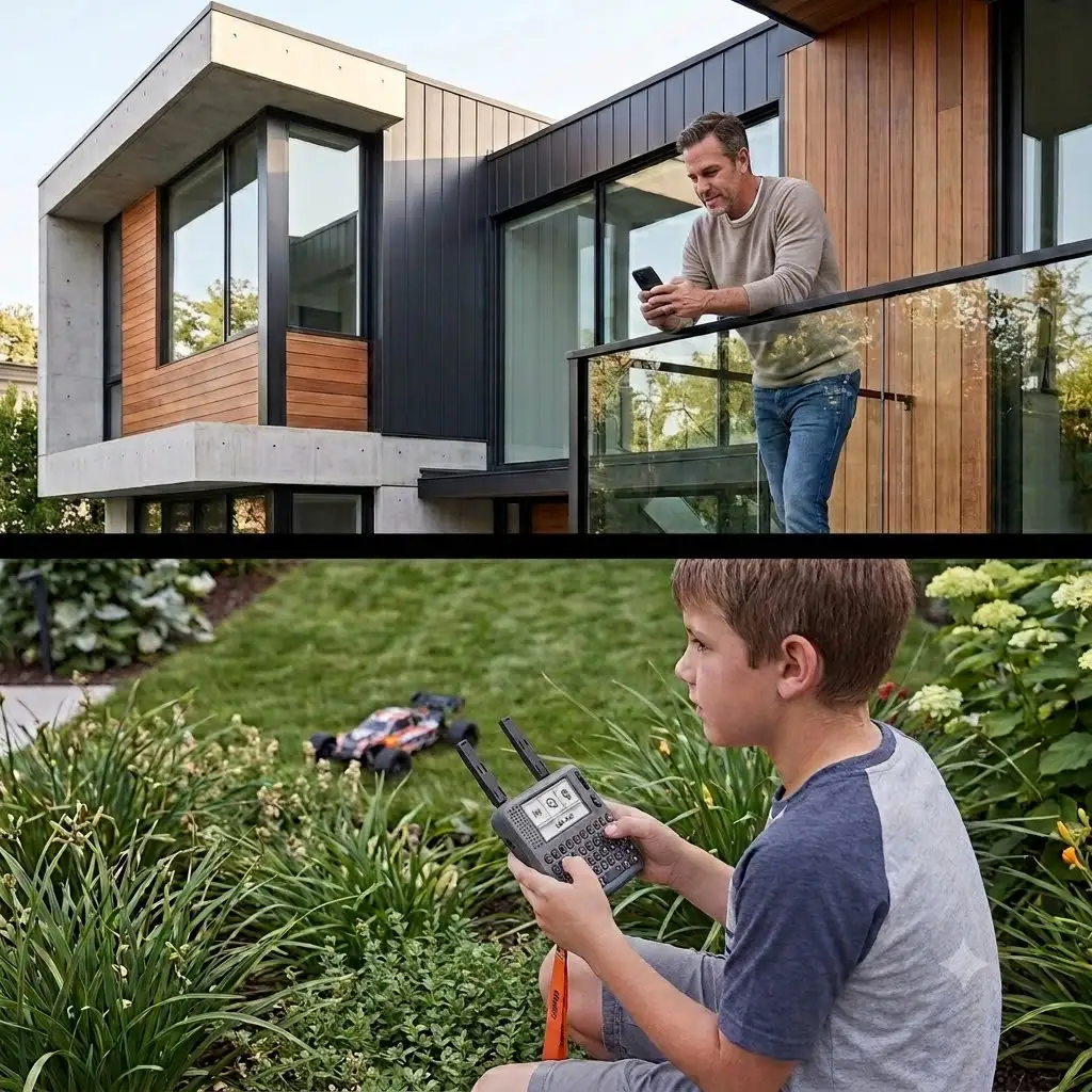 Pai na varanda de casa usando o celular e filho no jardim com um rádio Meshtastic de tela e teclado