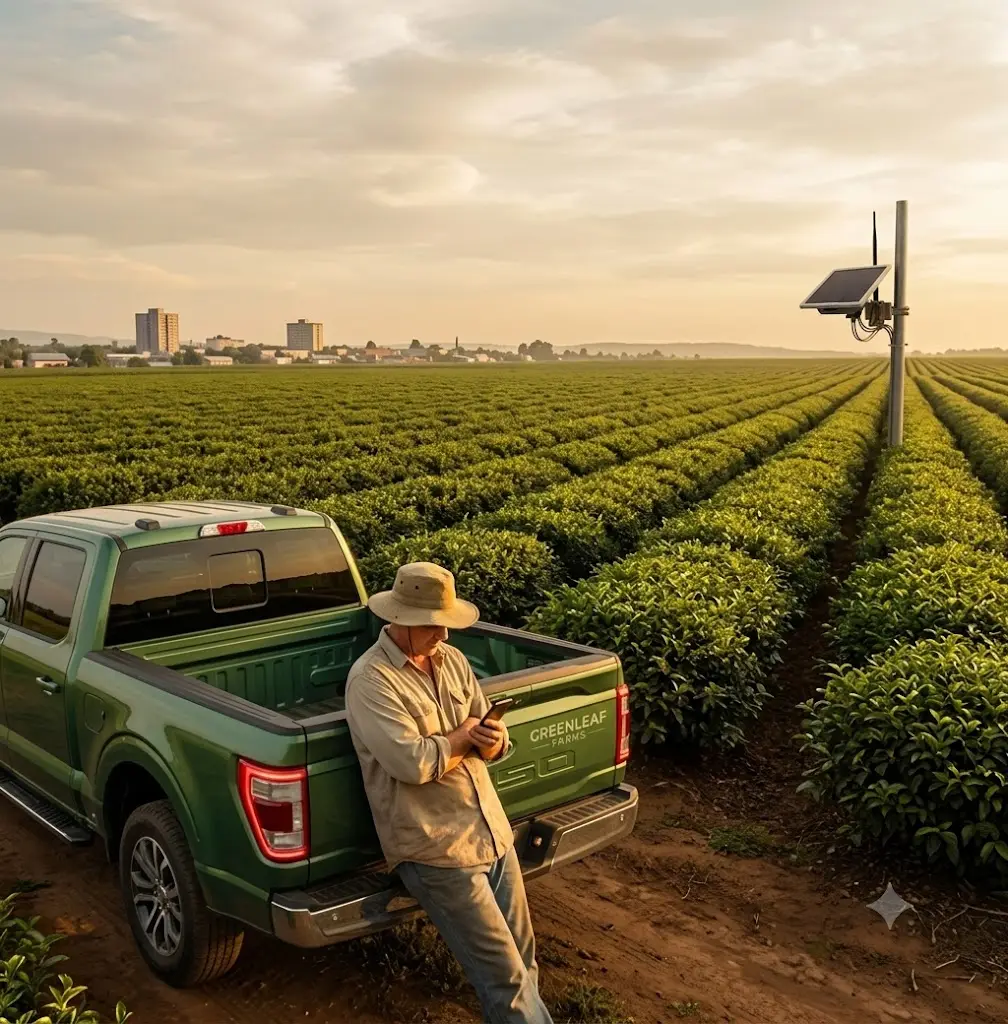 Produtor rural no campo ao lado da picape usando o celular, com estação solar e sensores Meshtastic instalados na lavoura