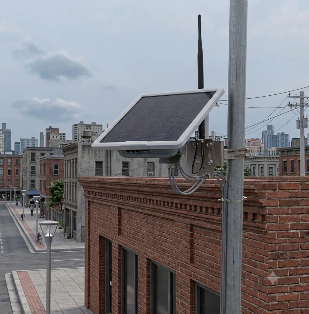 Nó Meshtastic com painel solar instalado em poste sobre telhado urbano